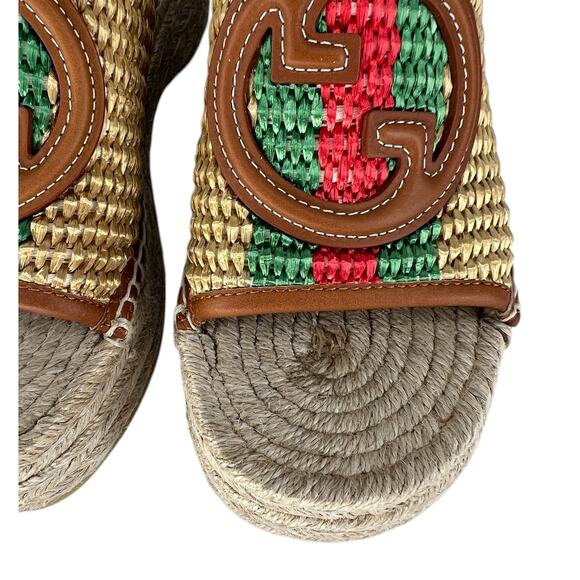 Gucci Adela Leather Trimmed Raffia Wedge Espadrilles - Picture 11 of 16